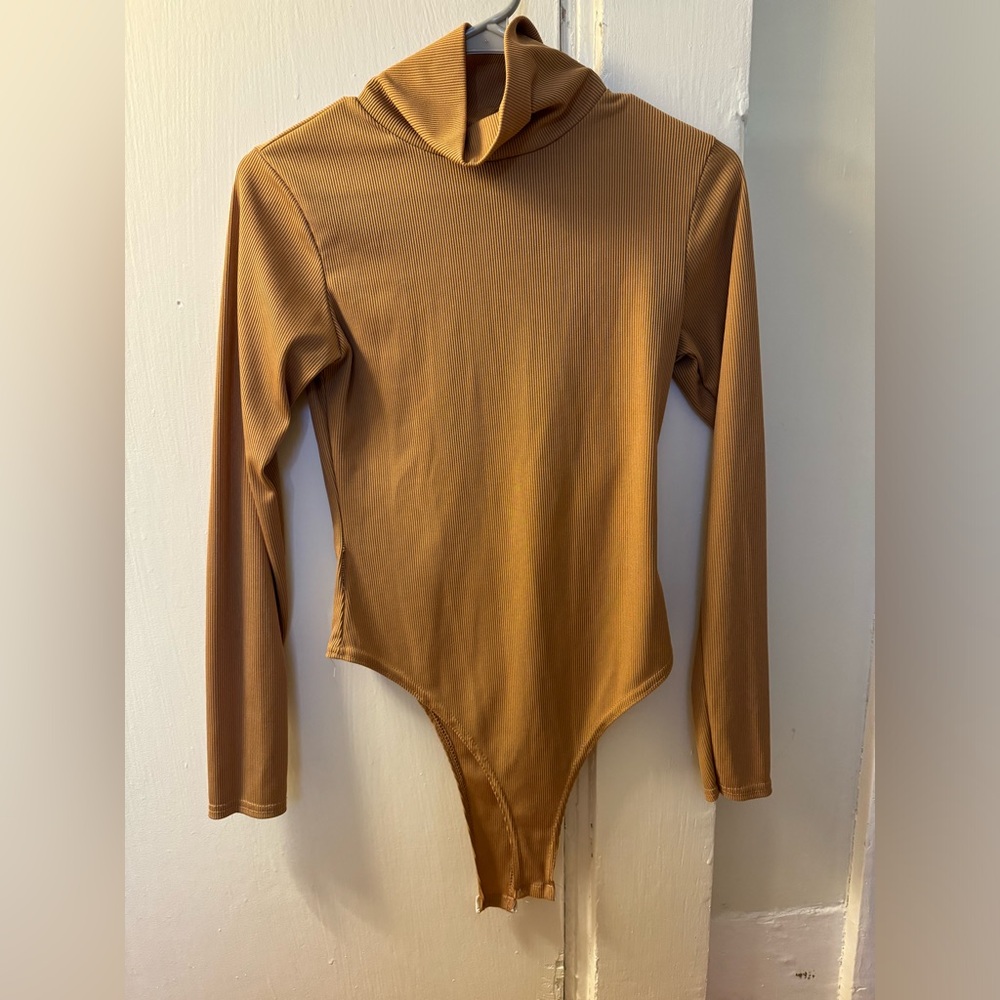 Nasty Gal Camel Ribbed Mock-neck Bodysuit